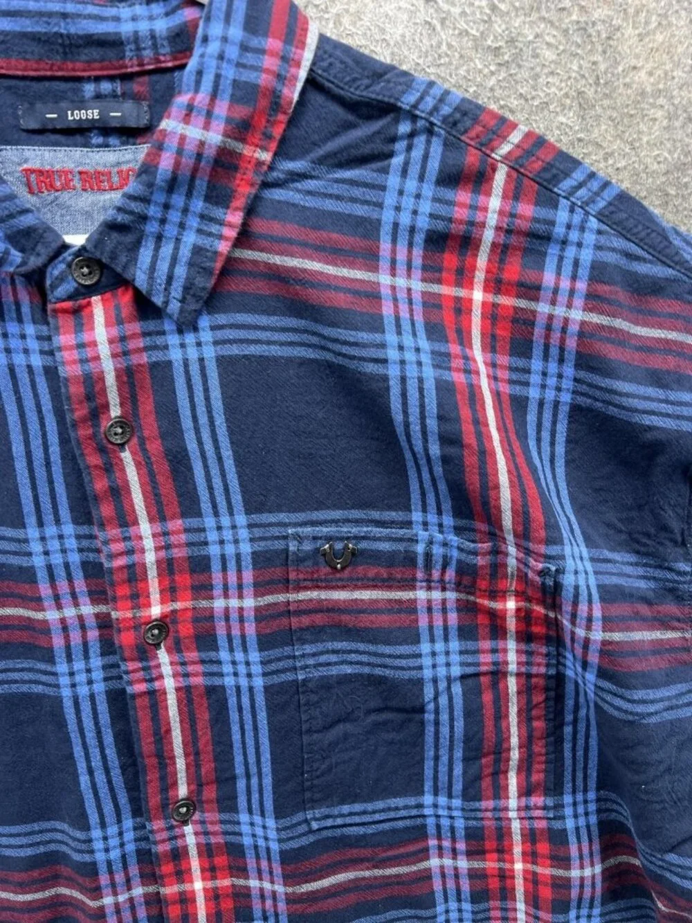 True Religion Shirt Men XL Blue Plaid Short Sleeve Button Up Fringe Hem Slouch